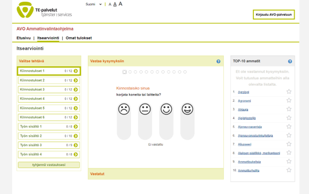 Kuva AVO-ohjelman itsearviointi-välilehdestä.