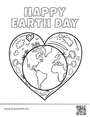 Free happy Earth Day coloring page  featuring the Earth inside a heart. This coloring page can inspire kids and adults to take action towards protecting the environment and making a positive impact.