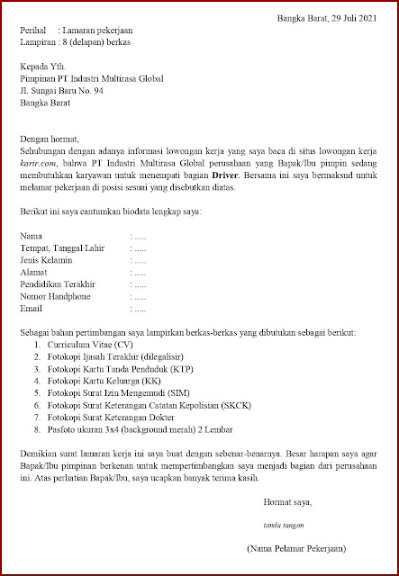 Contoh Application Letter Untuk Driver Hotel (Fresh Graduate) Berdasarkan Informasi Dari Website