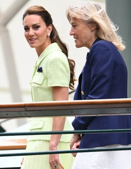 Princess of Wales wore a pastel green lime boucle collared chiffon midi dress by Self Portrait. Cassandra Goad Cavolfiore pearl earrings