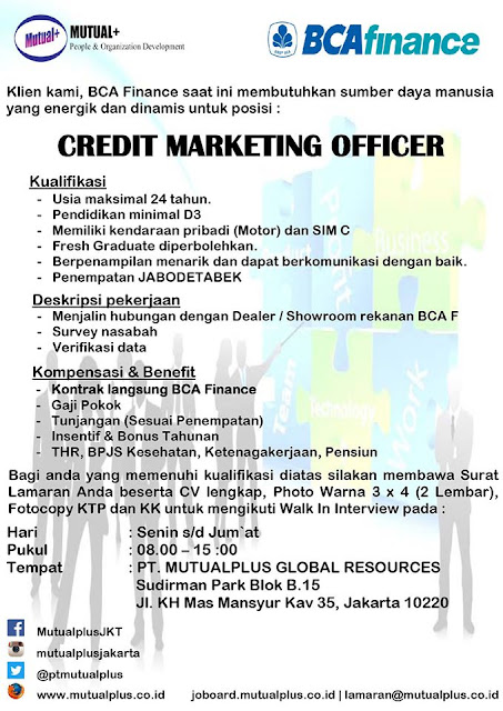 Di buka Lowongan kerja Bulan November 2016 di BCA Finance Sebagai  Credit Marketing Officer