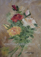 Tender feelings, 8 x 6 oil painting by Clemence St. Laurent - spray of yellow, red and white roses