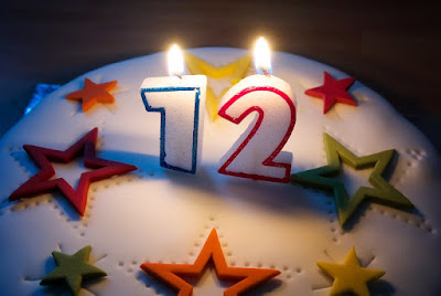 Birthday cake with candles for "12".