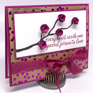 Linda Vich Creates: 30th Anniversary Card Using Foil Frenzy and Paisley Framelits. Rolled roses adorn an Early Espresso Branch on this card, accented with Foil Frenzy DSP and tied up with Berry Burst Crinkled Seam Binding Ribbon.