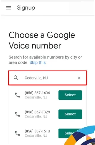 6. ستدرج Google Voice الأرقام المتاحة هنا. اضغط على تحديد على الرقم الذي تريده، ولكن اعلم أن تغيير هذا الرقم لاحقًا ليس مجانيًا. قد ترغب في اختبار ما إذا كان الرقم الذي تختاره سيعمل مع WhatsApp قبل إنهاء اختيارك.