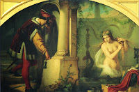 Melusina, as a beautiful woman washing her hair while a man is watching her