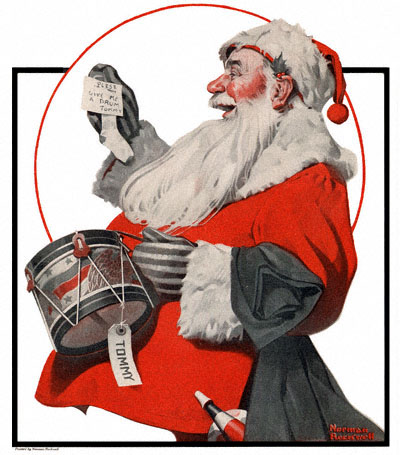 Norman Rockwell painting of jolly Santa Claus holding a letter from Tommy, big sack, and small toy drum