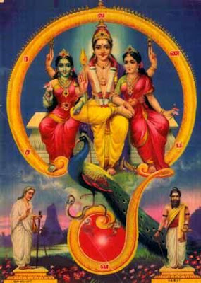 Hindu God Muruga or Karthikeya with Valli, Devayani and his mound peacock inside Om