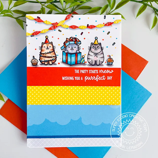 Sunny Studio Stamps: Birthday Cat Birthday Card by Bobbi Lemanski (featuring Crepe Paper Streamers Dies)