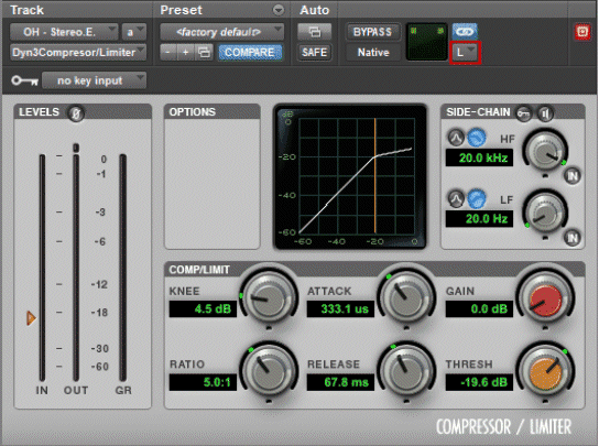 Left Channel Side Of A Multi-mono Version Of The Dyn3 Compressor-Limiter In Pro Tools