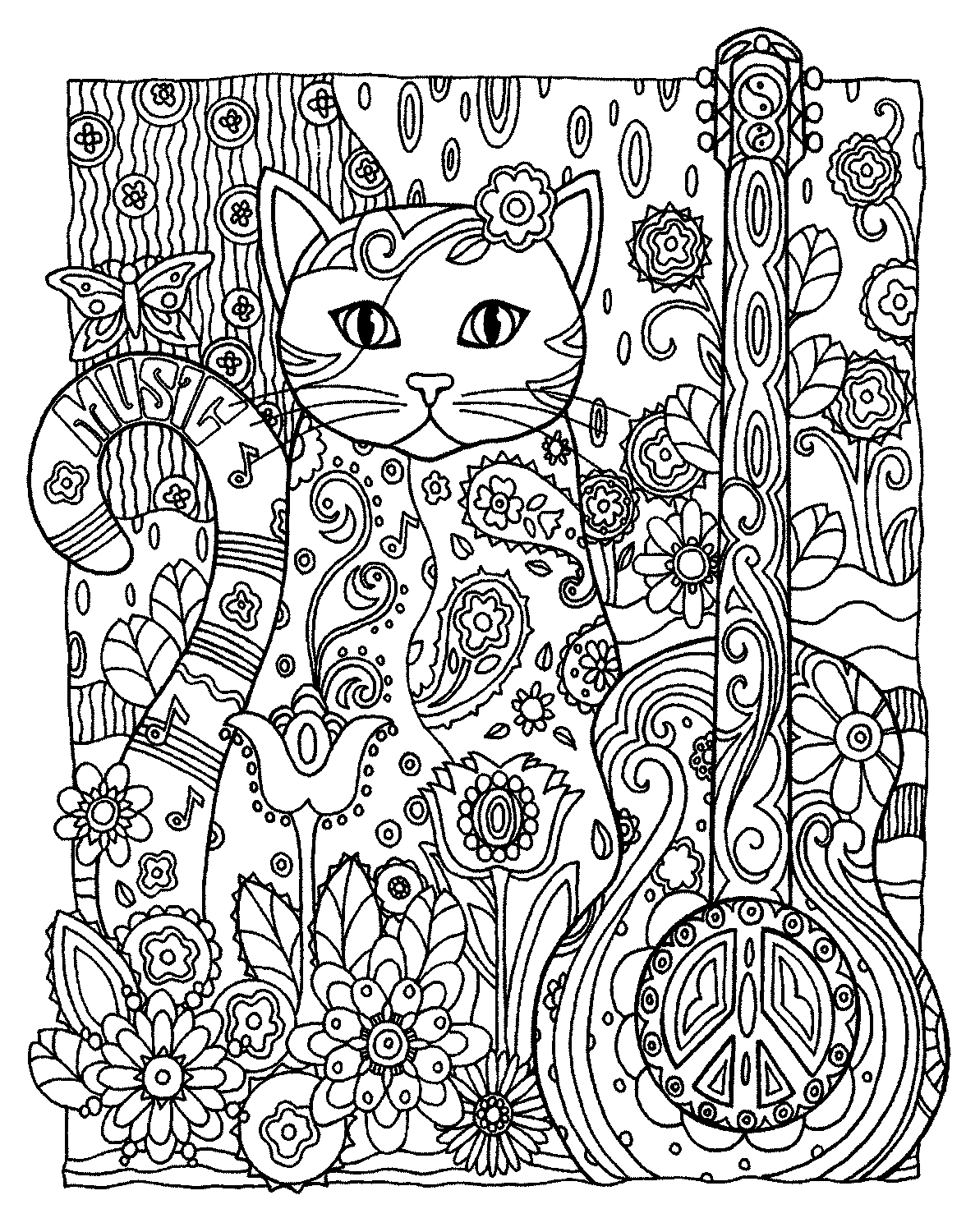 Gambar Mewarnai Kucing Motif Floral Untuk Dewasa Murid 17