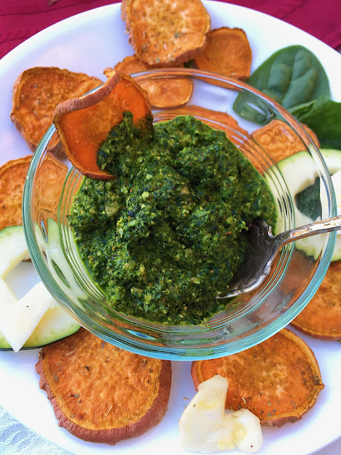 Nut-Free Bone Broth Pesto with Sweet Potato Rounds (Gluten Free, Paleo)