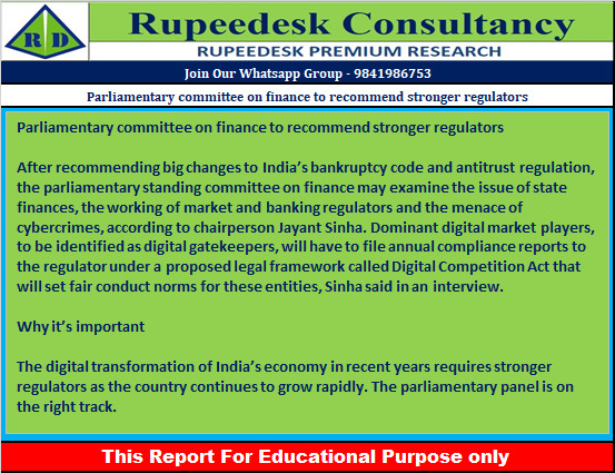 Parliamentary committee on finance to recommend stronger regulators - Rupeedesk Reports - 02.01.2023