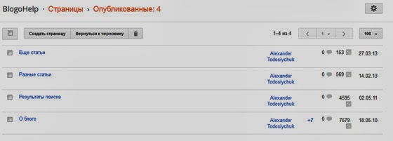 Управление страницами в Blogger