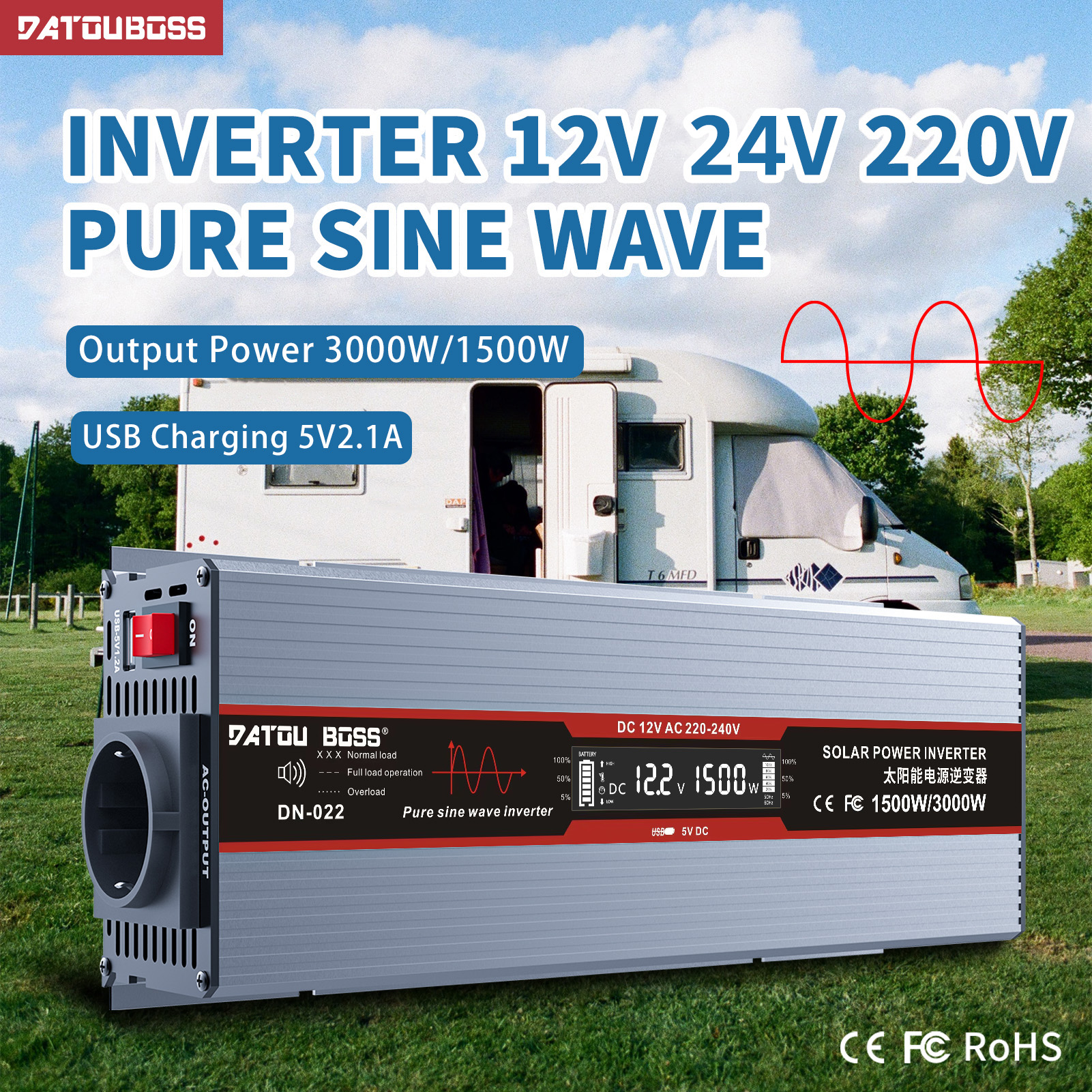 DATOUBOSS Pure Sine Wave Inverter DC 12V 24V To AC 220V 50HZ Power Inverter 3000W With USB Fast Charging Continuous Power 1500W