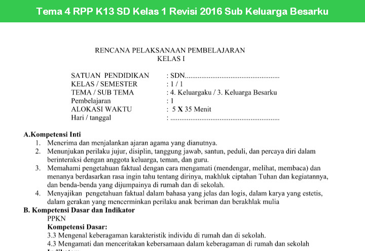 Tema 4 RPP K13 SD Kelas 1 Revisi 2016 Sub Keluarga Besarku