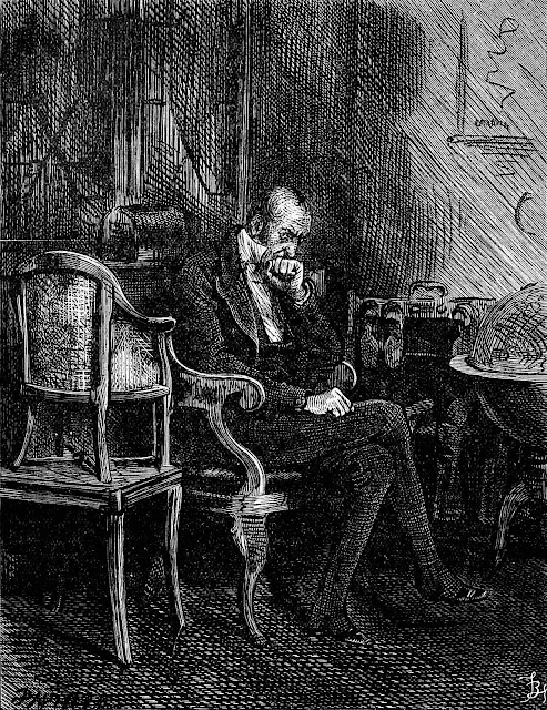 a Fred Barnard illustration of a man thinking