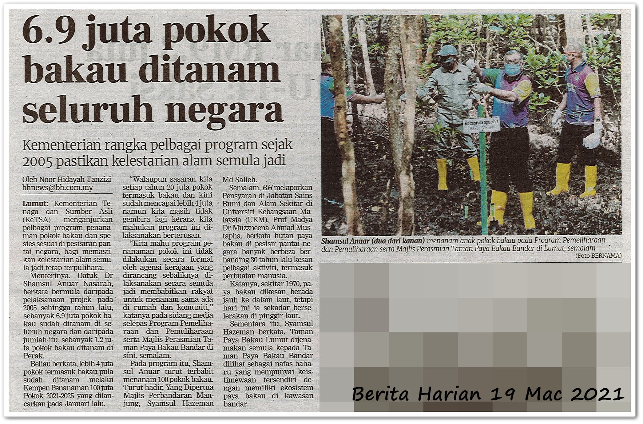 6.9 juta pokok bakau ditanam seluruh negara - Keratan akhbar Berita Harian 19 Mac 2021