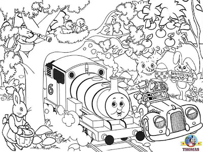 Kids Happy Easter coloring pictures of Thomas the tank engine and Percy the train bunnies in woods