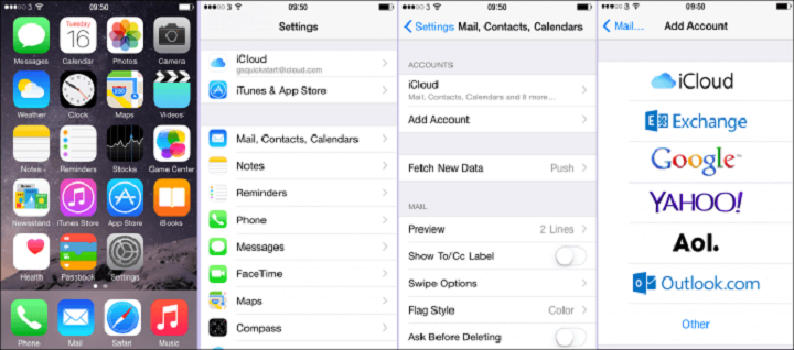 Settings, Mail, Contacts, Calendars, add account