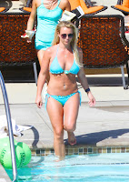 Britney Spears wearing a bright blue bikini and sunglasses