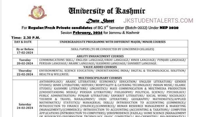 University of Kashmir BG 3rd Semester Date Sheet 2024 Released - Download Now