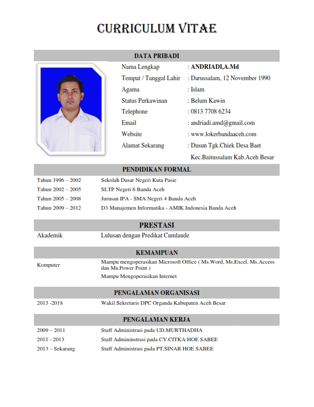 daftar riwayat hidup cv dengan profil admin sendiri sebagai contohnya