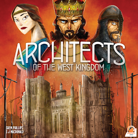 The cover art for Architects of the West Kingdom. The top half is a painting of a king, a battle-scarred knight, and a noblewoman, all looking at the viewer. The bottom half is a Gothic cathedral midway through construction, covered with scaffolding and surrounded by wooden cranes. The painting is done in a moderately cartoon-y style that has more of an avant-garde feel than a childish feel.