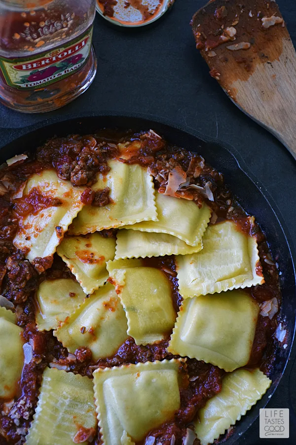 Cheesy Baked Ravioli Skillet | by Life Tastes Good | add ravioli