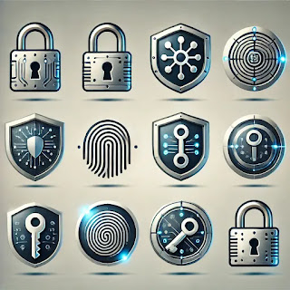 A set of icons representing various aspects of cybersecurity displayed on a neutral gradient background. The icons include a sleek lock, a metallic shield, a digital fingerprint, and a classic key. Each icon features clean lines, a slight glow effect, and a modern color palette of blue, silver, and white, symbolizing security and technological sophistication.