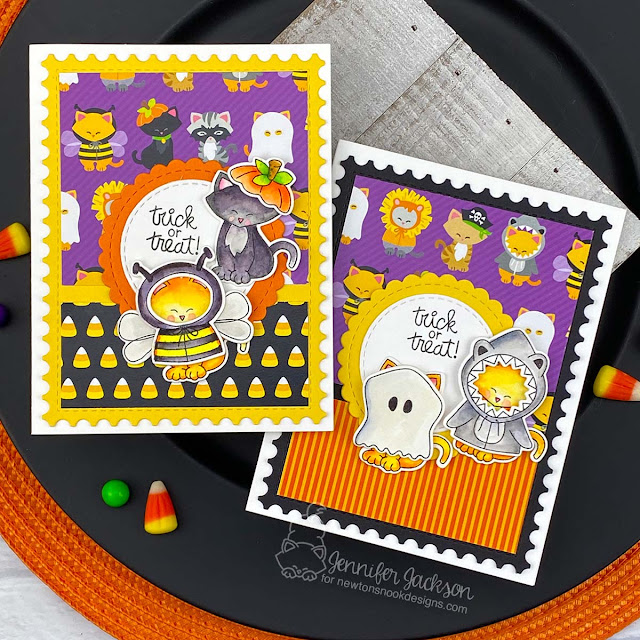 Matching Papers + Stamps! Halloween Cards by Jennifer Jackson | Newton's Costume Party Stamp Set, Circle Frames Die Set, Halloween Meows Paper Pad and Framework Die Set by Newton's Nook Designs #newtonsnook #handmade