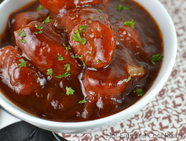 A great appetizer for any holiday celebration or party! The homemade sauce is packed full of flavor and it goes great with the sausage! Slow Cooker Balsamic Barbeque Smoked Sausage Bites Recipe from Hot Eats and Cool Reads