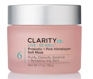 Close-up image of ClarityRx Live + Be Well Probiotic + Pink Himalayan Salt Mask in its packaging, highlighting the sleek, contemporary design with clear labeling against a serene, light-colored background.