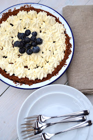 crumb crust pie filled with bananas and blueberries baked and enjoyed either warm or chilled with cream