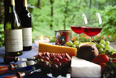 Wine Tasting with fruit, cheese, and meat plate.