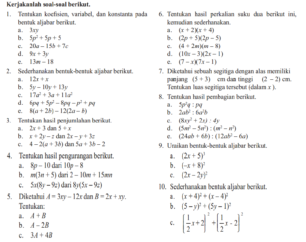 Uji Kompetensi Matematika Faktorisasi Aljabar | Contoh ...