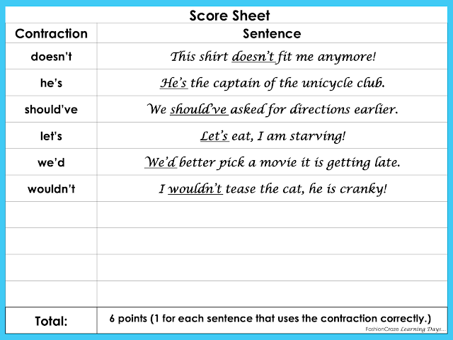 contraction puzzle score sheet