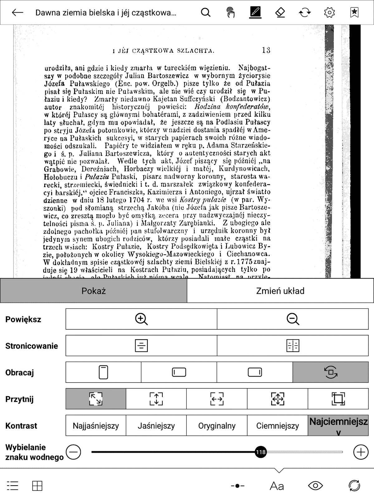 Strona skanu w PDF w aplikacji Xreader na PocketBook InkPad X Pro poza zastosowaniu ustawień zwiększających kontrast i czytelność tekstu