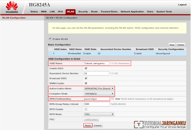 Konfigurasi WLAN modem ONT Huawei HG8245A