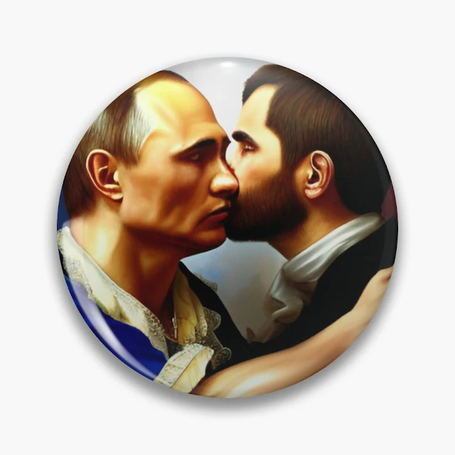 Putin hugging with a male pin button