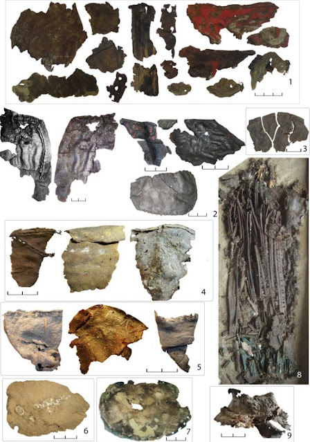 Μια επιλογή από τμήματα δερμάτινων αντικειμένων που αναλύθηκαν σε αυτή τη μελέτη: 1. Ilyinka kurgan 4 ταφή 2; 2. Ilyinka kurgan 4 ταφή 3; 3. Vodoslavka kurgan 8 ταφή 4; 4. Orikhove kurgan 3 ταφή 2; 5. Zelene I kurgan 2 ταφή 3; 6. Kairy V kurgan 1 ταφή 1; 7. Ol’hyne kurgan 2 ταφή 1; 8. Bulhakovo kurgan 5 ταφή 2; 9. Zolota Balka kurgan 13 ταφή 7. Οι μονάδες των ράβδων κλίμακας είναι σε εκατοστά. [Credit: M. Daragan, PLOS ONE (2023)].