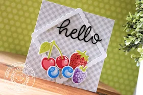 Sunny Studio Stamps: Berry Bliss Fancy Frames Hello Word Die Square Hello Card by Eloise Blue