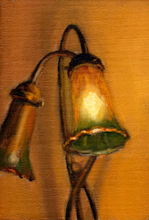 Oil painting of a doube-light Art Nouveau-Style lamp with one light illuminated.