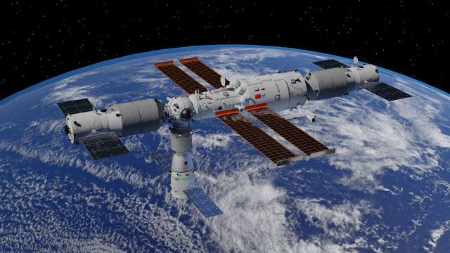 Image Attribute: Rendering of Tiangong Space Station between October 2021 and March 2022, with Tianhe core module in the middle, Tianzhou-2 cargo spacecraft on the left, Tianzhou-3 cargo spacecraft on the right, and Shenzhou-13 crewed spacecraft at nadir. / Source: Wikimedia Commons