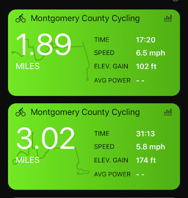 Screenshot of two ride summaries; the top is 1.89 miles in 17:20 at 6.5mph and the bottom is 3.02 miles in 31:13 at 5.8 mph