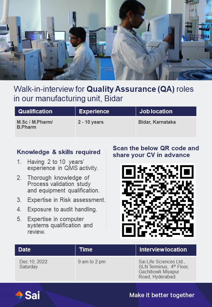 Job Availables, Sai Life Sciences Ltd Walk-in Interview For Quality Assurance/ Quality Control
