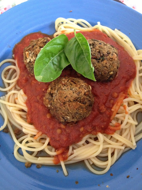 Vegan and vegetarian lentil  spaghetti and meatballs