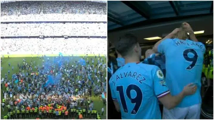Man City players and staffs guided off as fans invade the pitch before trophy presentation
