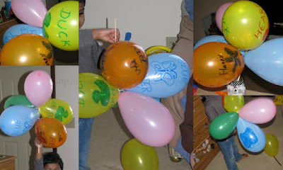 Tie Balloons to a dowel stick to make a Balloon shaker