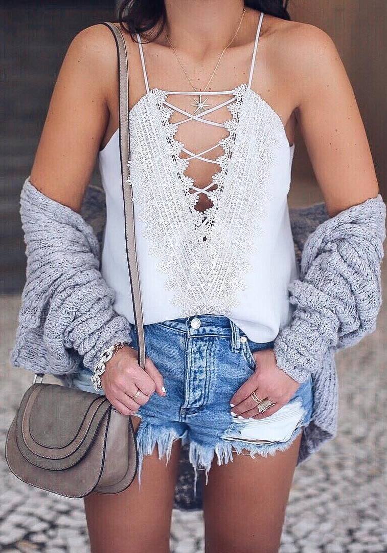 ootd | white lace-up top + knit cardigan + bag + denim shorts